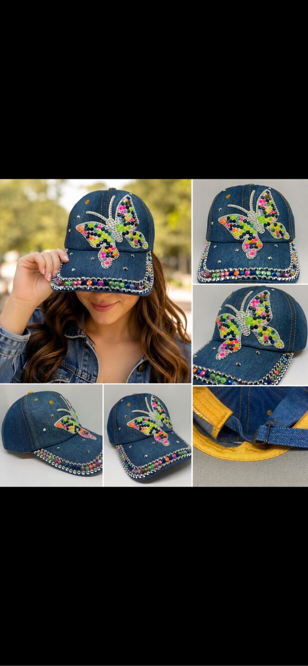 Rhinestone Butterfly Denim Baseball Cap Adjustable Bling Hat